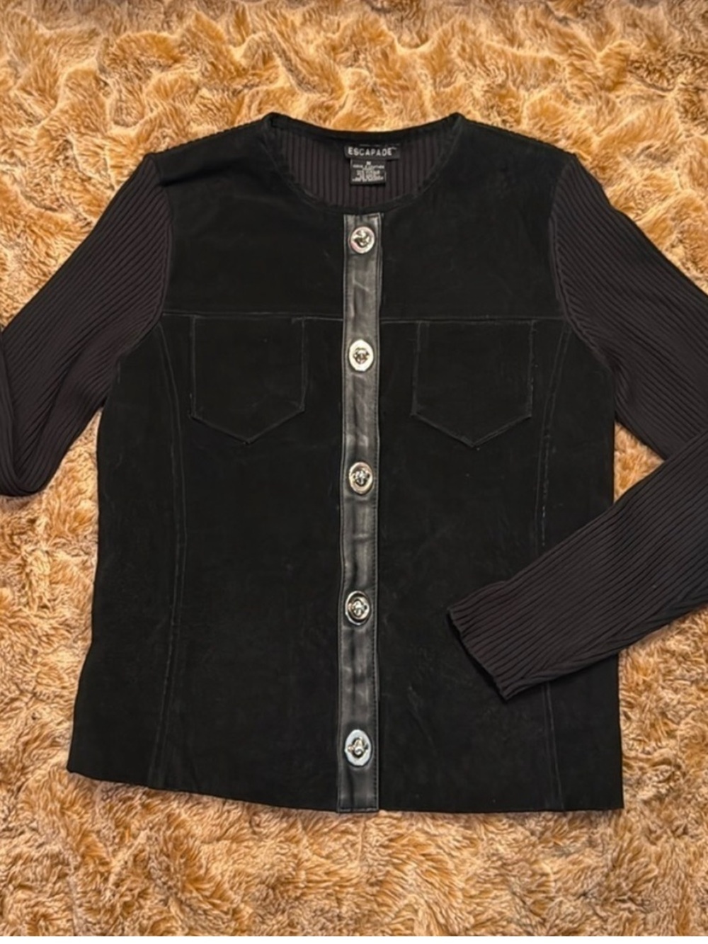 Escapade Black Suede-Front Jacket with Ribbed Sleeves